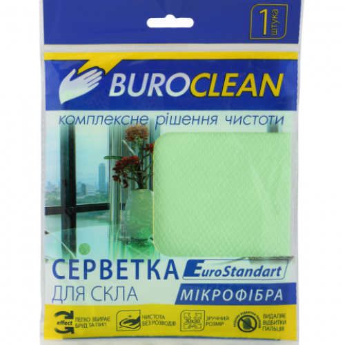Серветка мікрофібра для скла та дзеркал BuroClean EuroStandart 30х30 см (зелена)