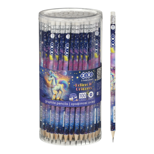 Олівець графітовий HB, UNICORN, з гумкою, туба - 100 шт
