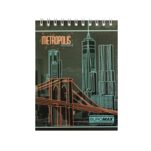 Блокнот А6 48арк. спіраль зверху ВUROМAX METROPOLIS клітинка, картонна обкладинка, червоний