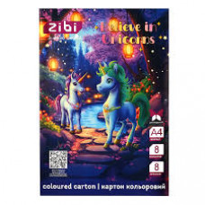 Картон кольоровий двосторонній (целюлозний) UNICORN, А4, 8 кольорів - 8 аркушів, 215 г/м2, KIDS Line