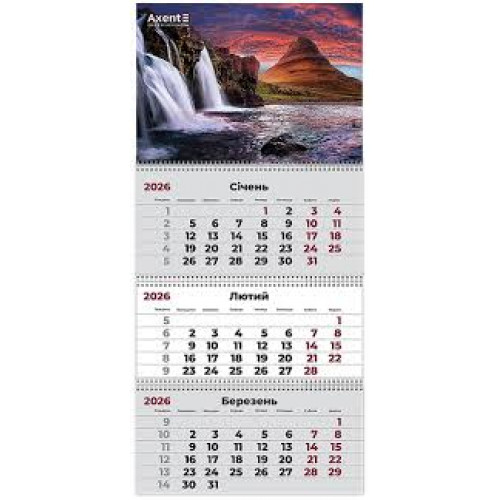 Календар настінний квартальний 2026 р.,3 пр. Waterfalls 3