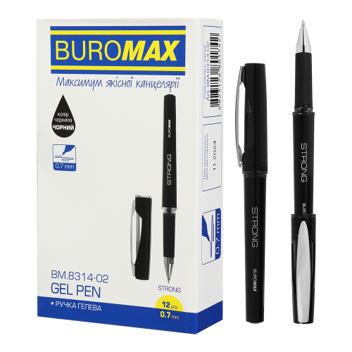 Ручка гелева Buromax STRONG 0.7 мм, з гумовим грипом, Чорна
