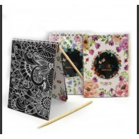 Гравюра блокнот на спирали черн.лист с рисунком"Цветы"+палочка, Р10 10*14см, mix,1шт/этик.